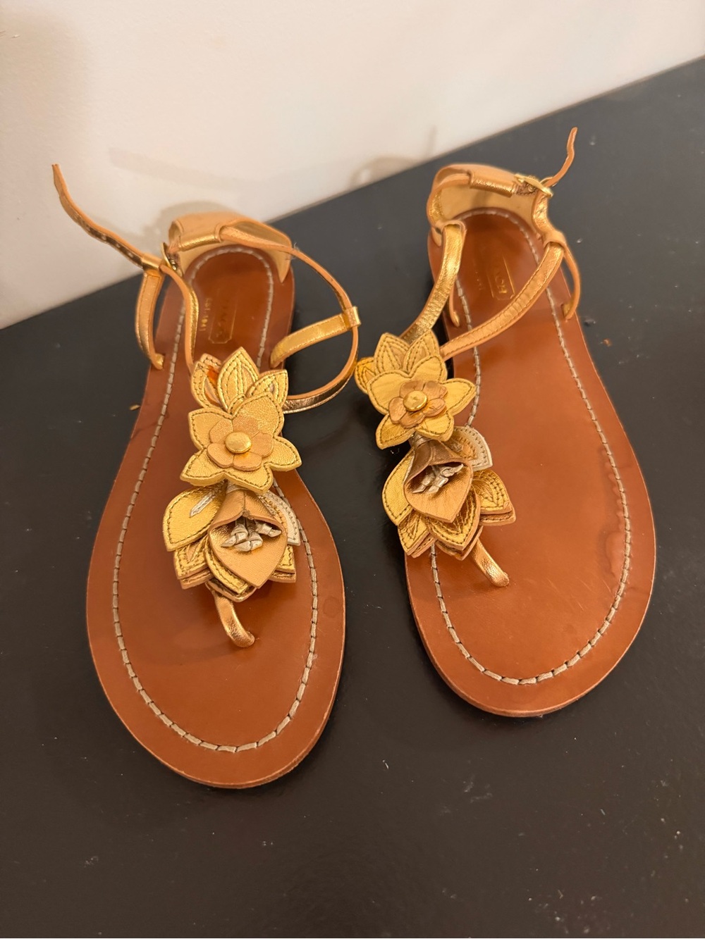 Coach Metallic Gold Floral T-Strap Sandals